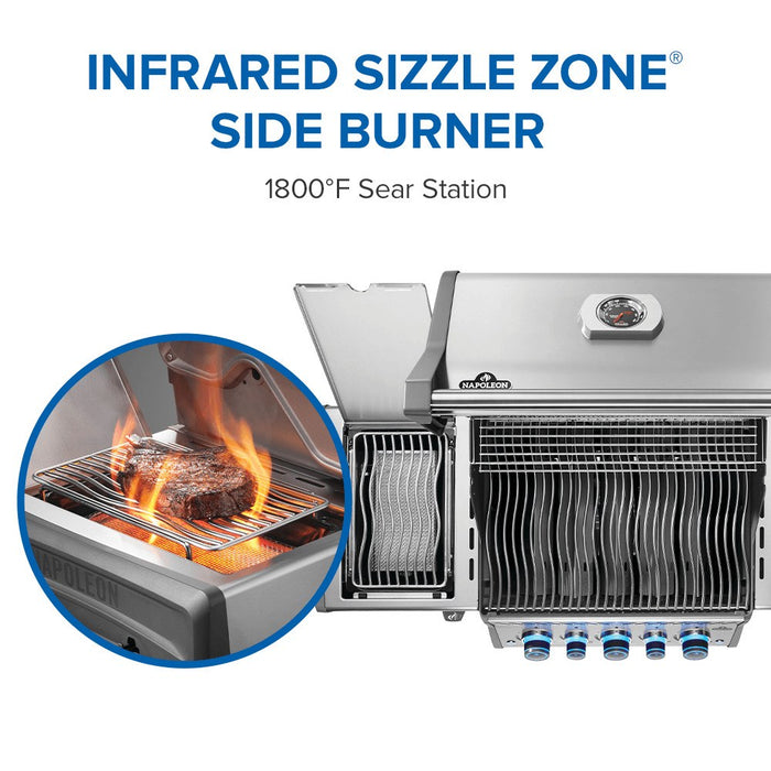 Infrared SIZZLE ZONE side burner, 1,800F sear station
