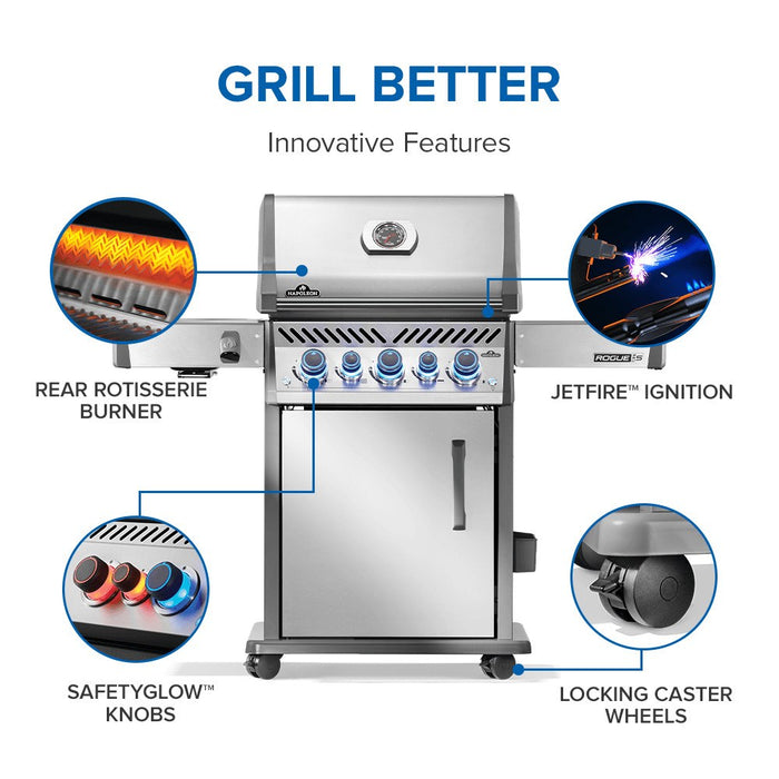 Innovative features: rear rotisserie burner, JETFIRE ignition, SafetyGlow knobs, locking caster wheels