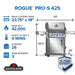 Rogue PRO-S 425 at a glance: 23.75 x 18 in main cooking area, 42,000 BTU main burners, heats to 400F in 4 minutes, fits 26 burgers