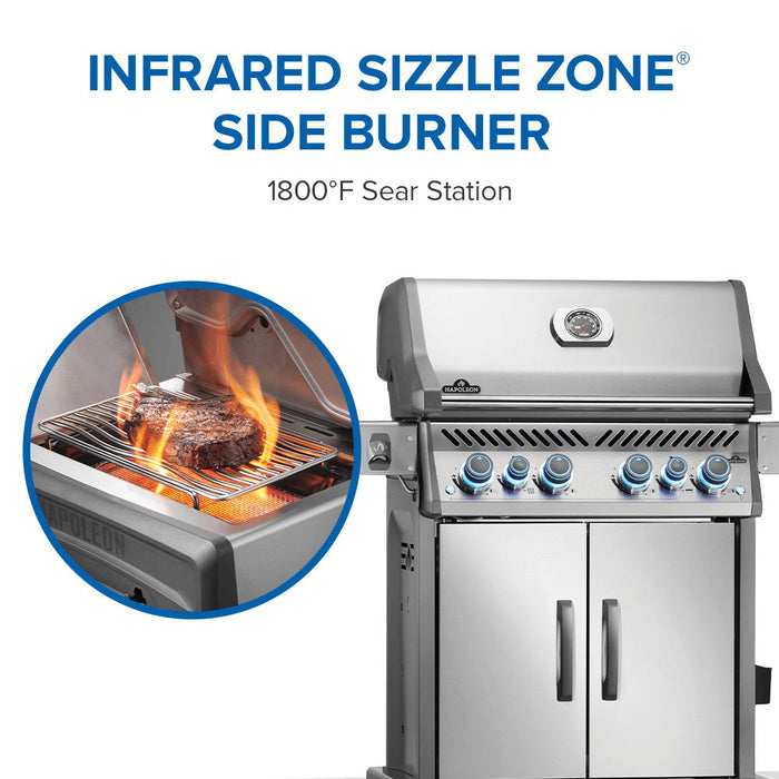 Infrared SIZZLE ZONE side burner, 1,800F sear station