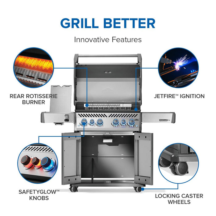 Innovative features: rear rotisserie burner, JETFIRE ignition, SafetyGlow knobs, locking caster wheels