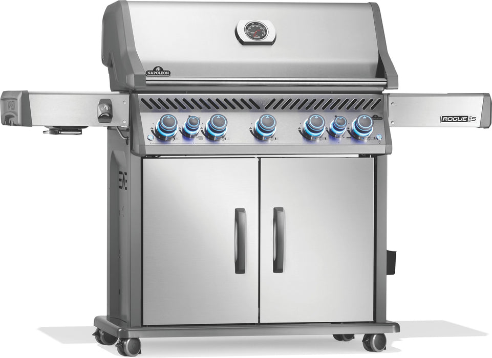 Napoleon Rogue PRO-S 625 gas grill in stainless steel, angled view