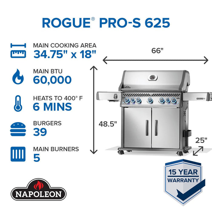 Rogue PRO-S 625 at a glance: 34.75 x 18 in main cooking area, 60,000 BTU main burners, heats to 400F in 6 minutes, fits 39 burgers