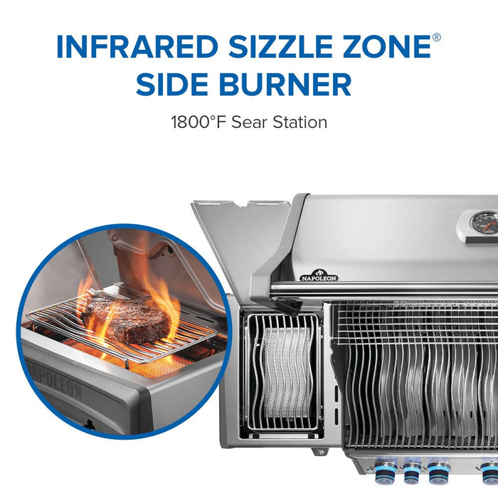 Infrared SIZZLE ZONE side burner, 1,800F sear station