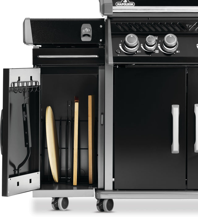 Black storage cabinet with tools, cutting boards and dividers
