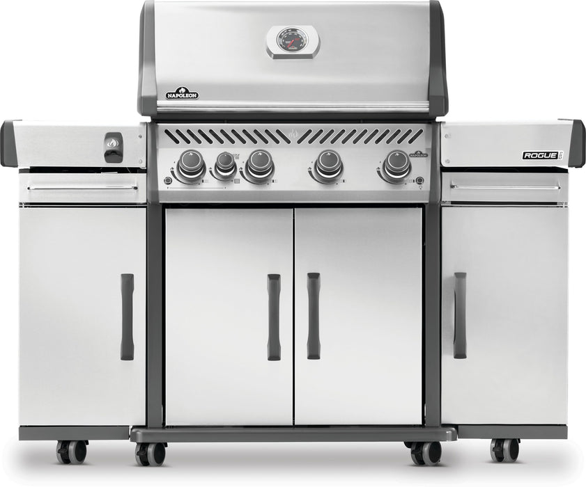 Two Napoleon 68008 stainless storage carts beside a Rogue PRO grill