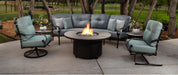 O.W. Lee Pasadera curved sectional, swivel rocker and spring base chair around a fire table