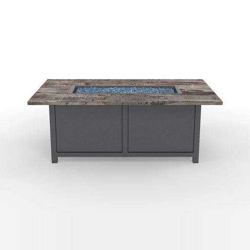 OW Lee 31" x 56" occasional height Phoenix fire pit in Graphite with Trillium Dekton top and Pacific Mirrored fire glass, OW Lee render