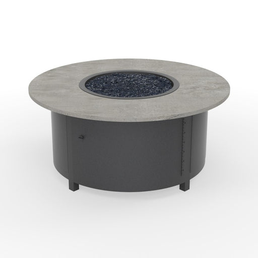 OW Lee 42" round occasional height Phoenix fire pit in Carbon Black with Soke Dekton top and Black Mirrored fire glass, OW Lee render