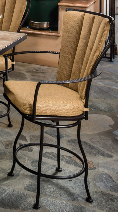 OW Lee Monterra swivel bar stool with the optional channeled back cushion, in a gold herringbone fabric