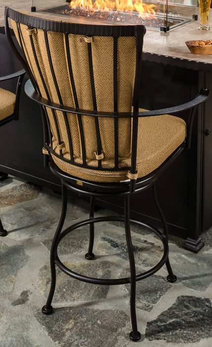 Back view of a Monterra swivel bar stool: the back cushion ties onto the frame