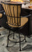 Back view of a Monterra swivel bar stool: the back cushion ties onto the frame