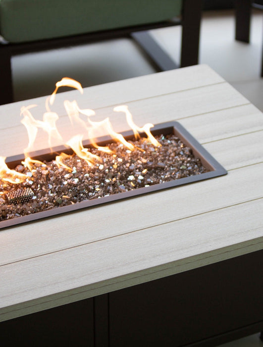 OW Lee Oceanside fire pit EverLee plank top and glass fire media, close-up (33" x 50" shown)