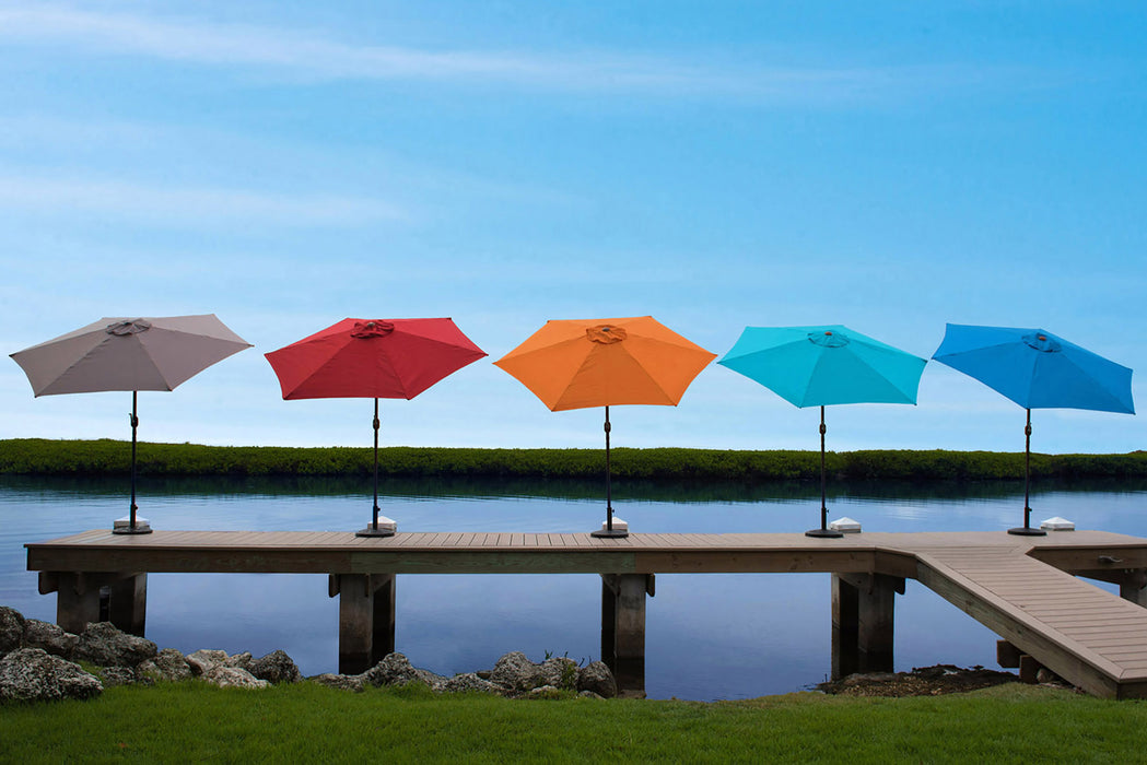 Panama Jack 9 ft crank umbrellas in gray, red, orange, teal and blue