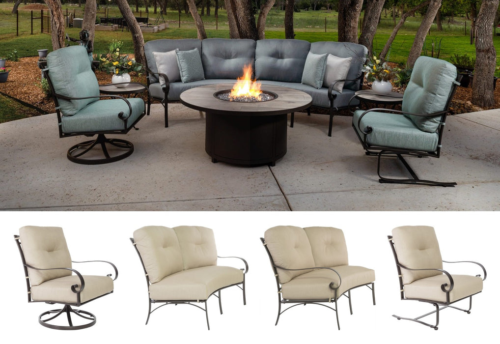 O.W. Lee Pasadera curved sectional, swivel rocker and spring base chair around a fire table, with each included piece