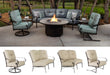 O.W. Lee Pasadera curved sectional, swivel rocker and spring base chair around a fire table, with each included piece