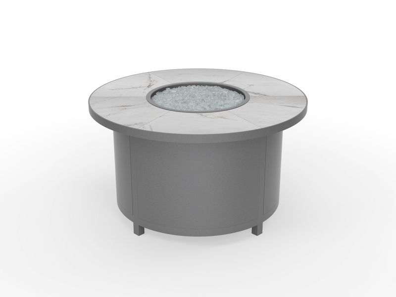 OW Lee fire pit in Shadow Grey finish with Palazzo White tile top