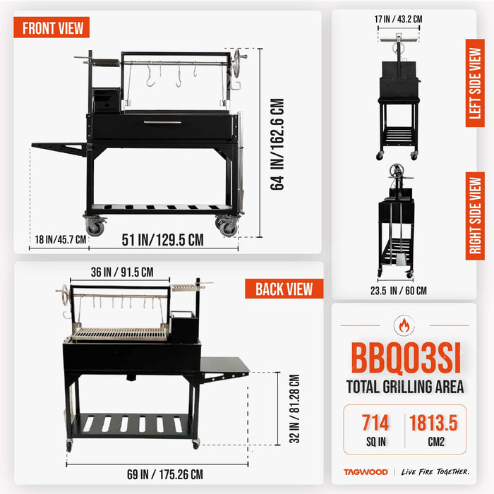 BBQ03SI dimensions: 64 in high, 69 in wide; 714 sq in of cooking area