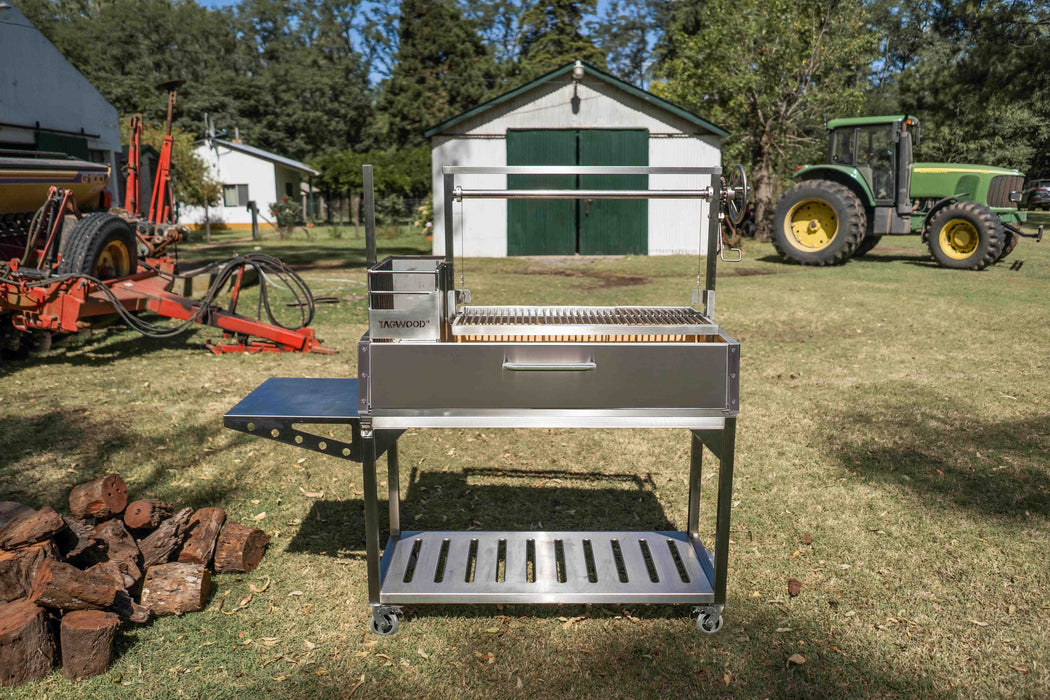 Tagwood BBQ03SS on a farm lawn with firewood
