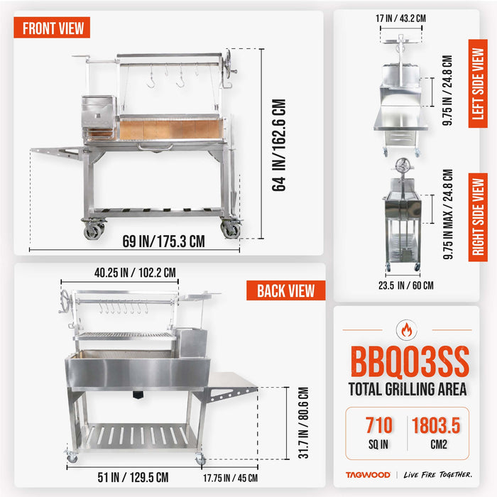 BBQ03SS dimensions: 64 in high, 69 in wide, 22.75 in deep; 710 sq in of cooking area