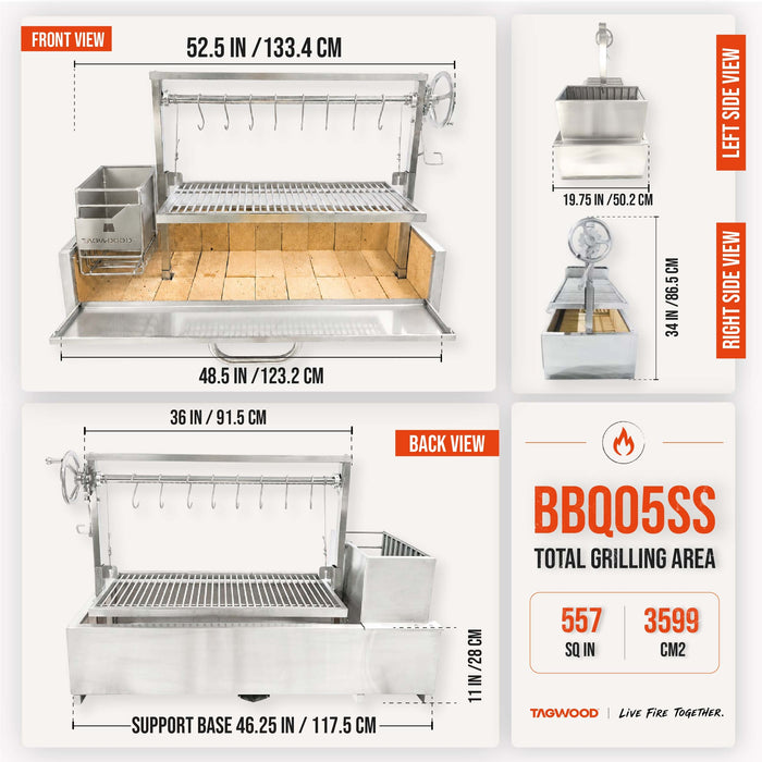 BBQ05SS dimensions: 48.5 in wide, 557 sq in of cooking area