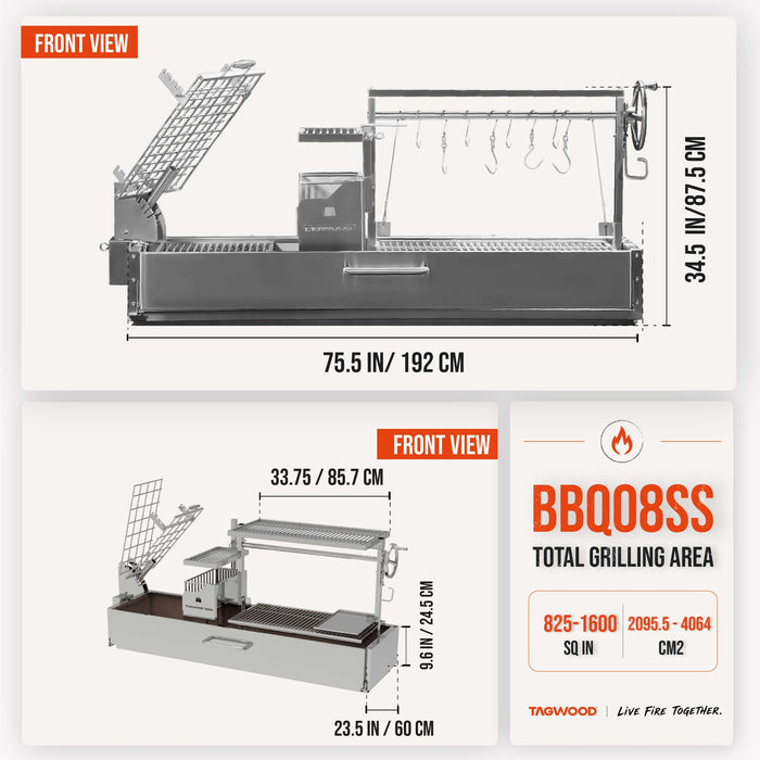 BBQ08SS dimensions: 75.5 in wide, 34.5 in high; up to 1,600 sq in of cooking area