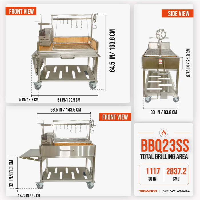 BBQ23SS dimensions: 68.5 in wide, 33 in deep; 1,117 sq in of cooking area