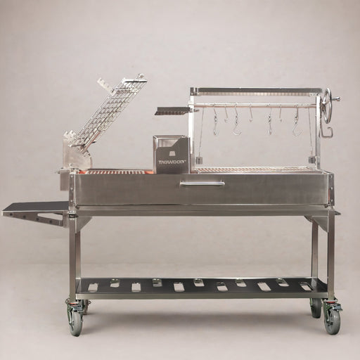 Tagwood BBQ26SS XL 360 Santa Maria wood-fire grill in 304 stainless steel, side view
