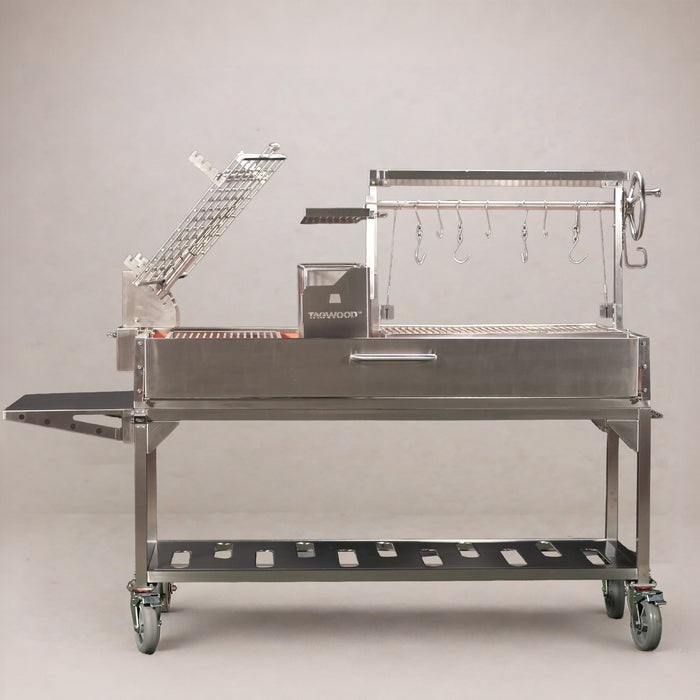 Tagwood BBQ26SS XL 360 Santa Maria wood-fire grill in 304 stainless steel, side view
