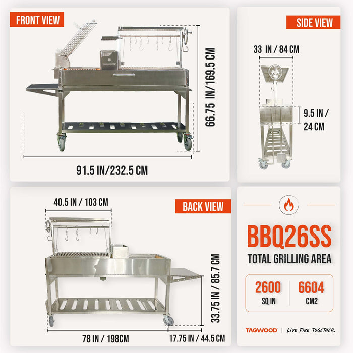 BBQ26SS dimensions: 91.5 in wide, 66.75 in high; 2,600 sq in of cooking area
