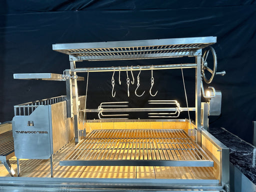 Tagwood BBQ50SS PRO rotisserie mounted on a Tagwood grill