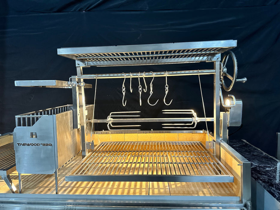 Tagwood BBQ50SS PRO rotisserie mounted on a Tagwood grill