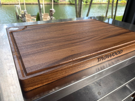 Tagwood walnut board on an outdoor counter