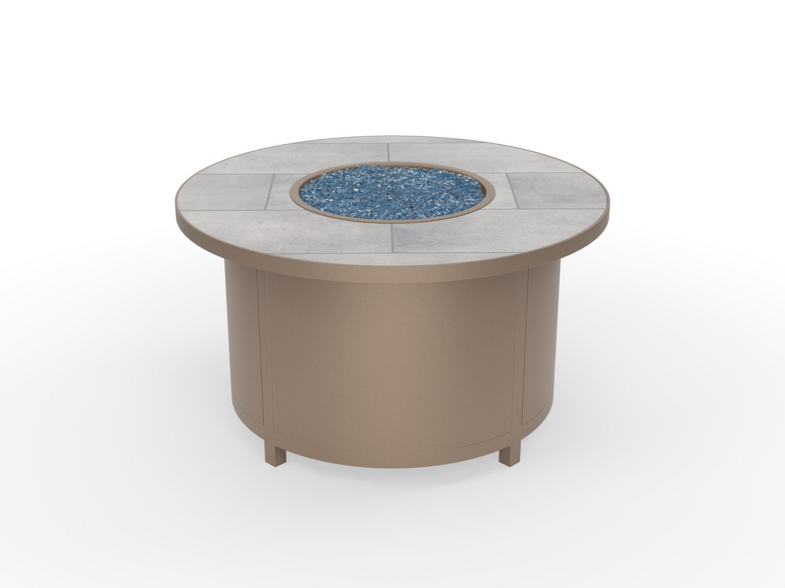 OW Lee fire pit in Truffle finish with a Urban Pulse tile top