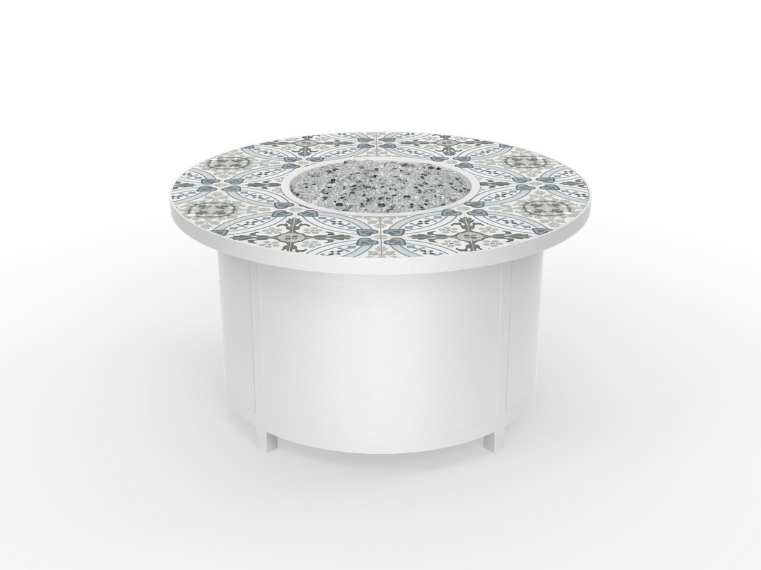 OW Lee fire pit in Velvet White finish with a Cielo tile top
