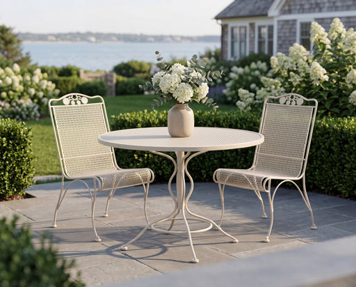 Woodard Briarwood high-back dining chairs at a round table in a seaside garden