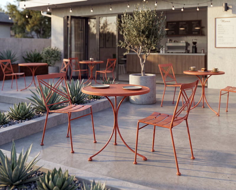 Woodard cafe chairs and bistro tables on a restaurant terrace