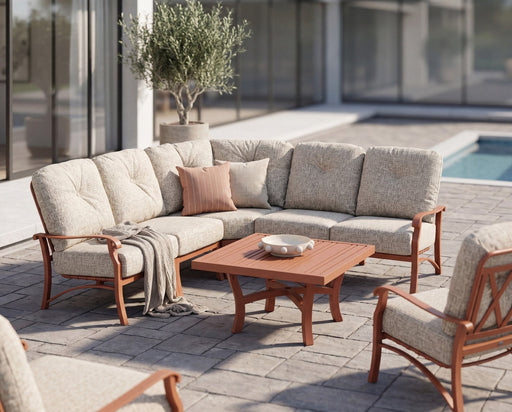 Woodard Cortland cushion seating on a covered patio