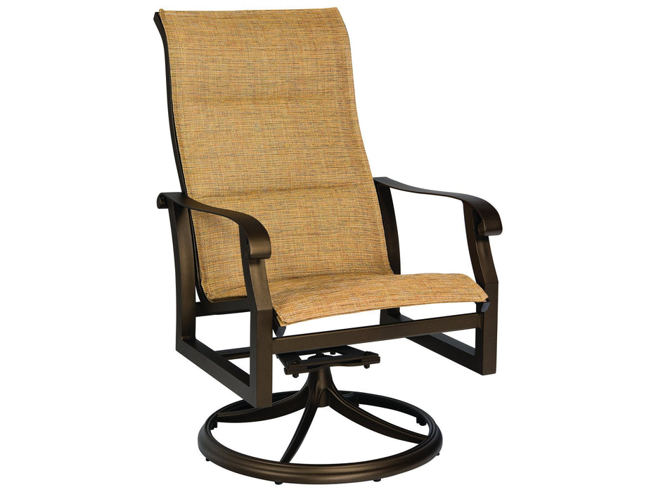 Woodard Cortland Padded Sling High-Back Swivel Rocking Dining Arm Chair