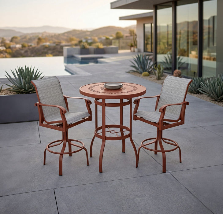 Woodard Cortland sling bar stools and dining chairs