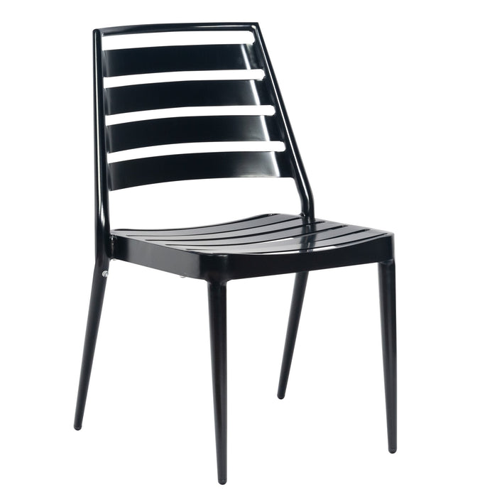 Woodard Daytona Slat Side Chair, stackable extruded aluminum, shown in a black finish
