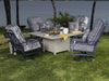 Woodard Cortland Big Man's Swivel Rocking Lounge Chair, around a fire table by the water