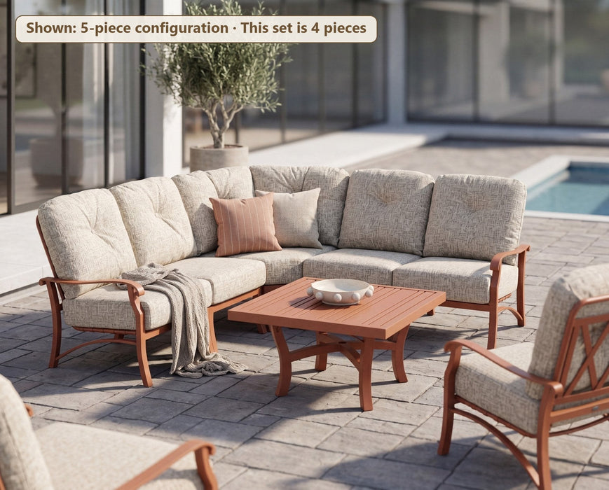 Woodard Cortland curved sectional on a poolside patio, shown in the 5-piece configuration (this set is 4 pieces)