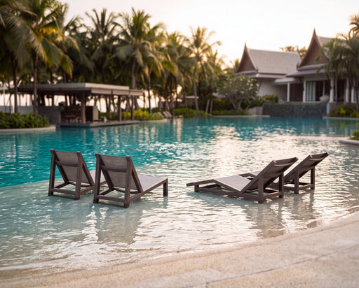 Woodard Sierra Baja sling chairs and chaises at a resort pool (some pieces shown are sold separately)