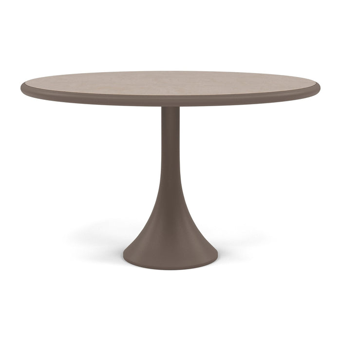 Woodard Profile Sintered Stone Umbrella Dining Table, 48" Round Pedestal, Light Travertine top
