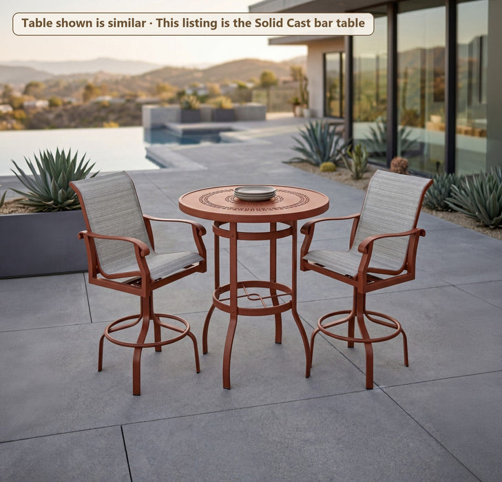 Woodard Cortland sling swivel bar stools at a round bar table