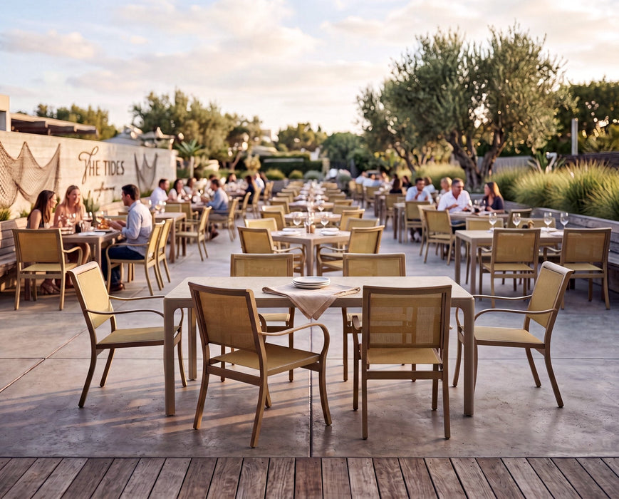 Woodard Profile sintered stone dining tables with sling dining chairs on a seaside restaurant terrace