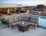 Woodard Cortland curved sectional around the Solid Cast 42" square fire table on a rooftop
