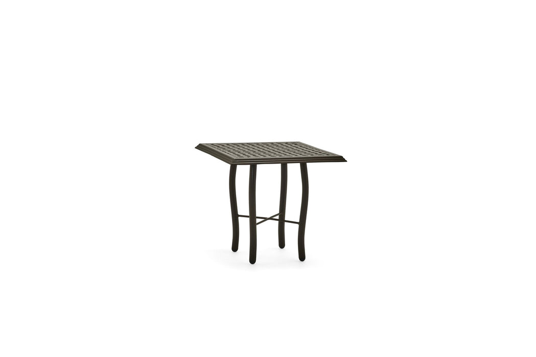 Woodard Thatch Top Tribeca Base 22" square side table in a lighter finish