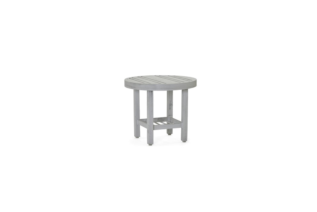 Woodard Tri-Slat Top Elite Base 22" round side table in a lighter finish